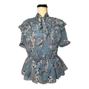 Walter Baker Blue Ruffle Floral Peplum Blouse Size M
